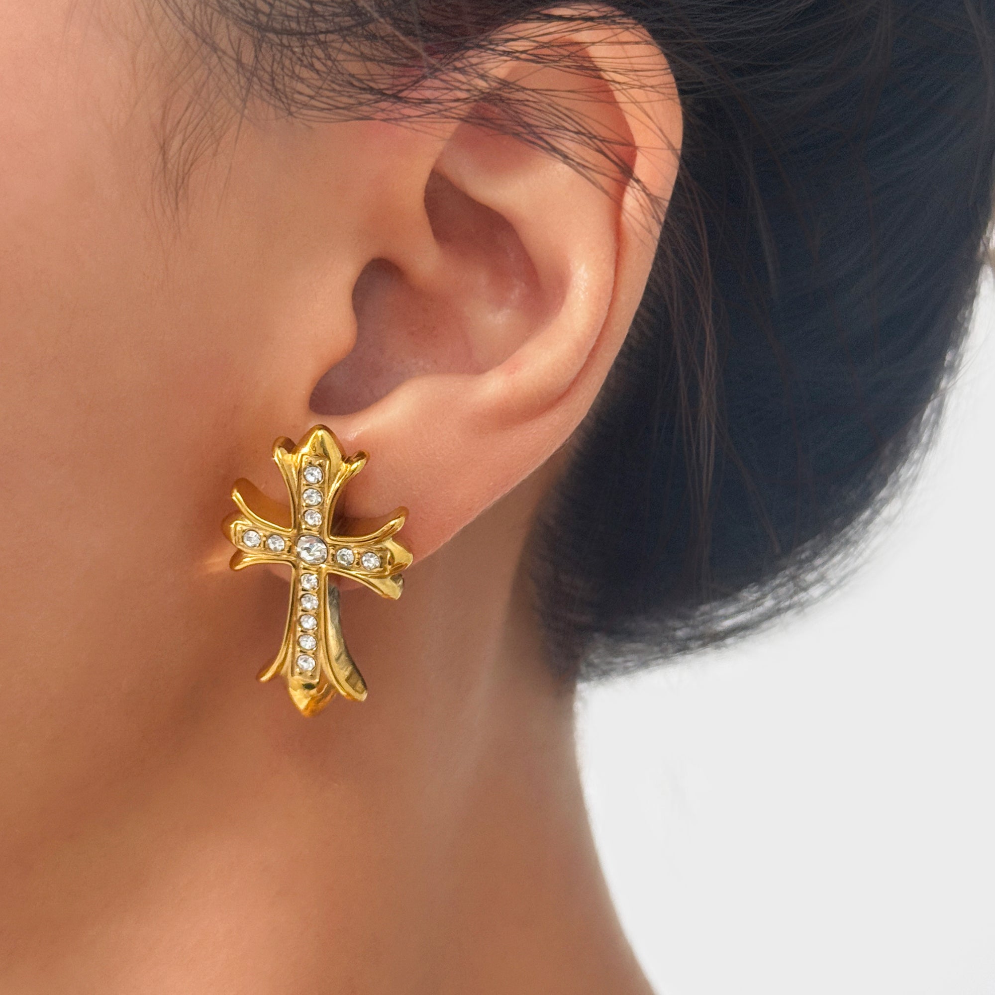 Gothic Cross Earrings — worn