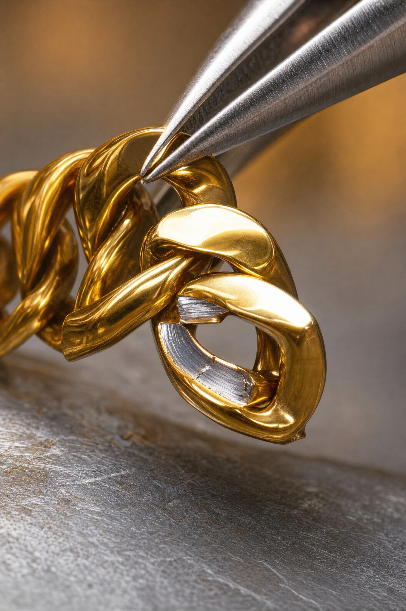 Macro of a gleaming 18K gold chain link held by jewelers tweezers