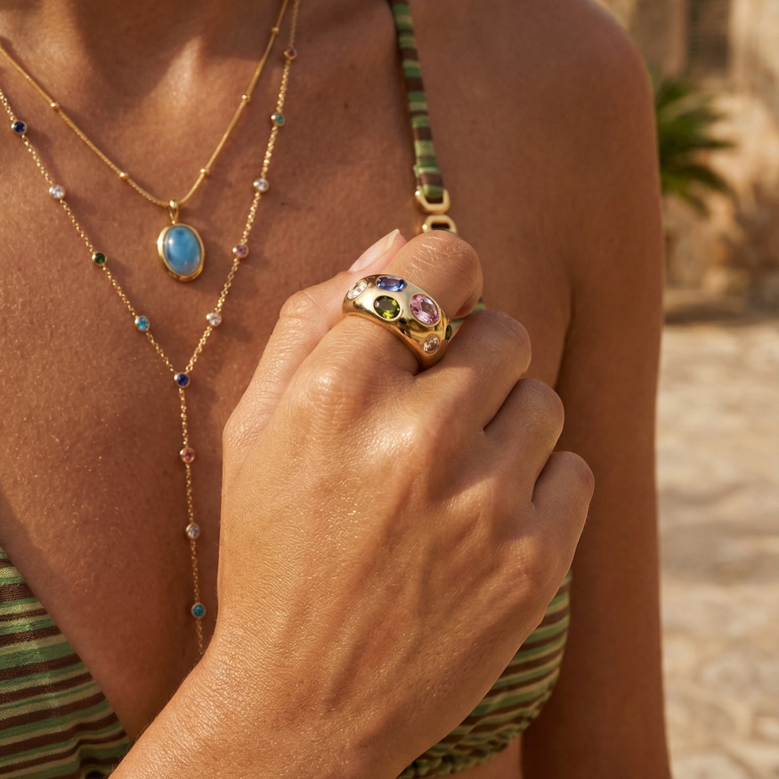 Iris Necklace in Light Blue — worn