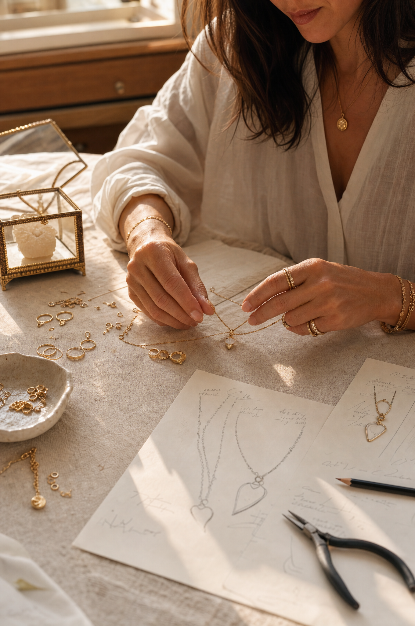 Designer arranging gold necklaces beside jewelry sketches in warm light